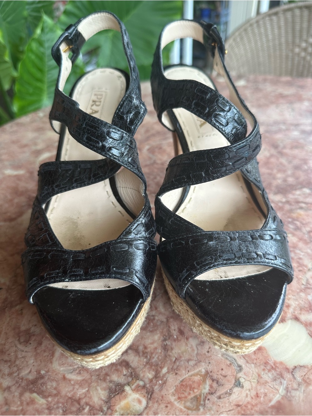 Prada Black Espadrille Wedge Sandals